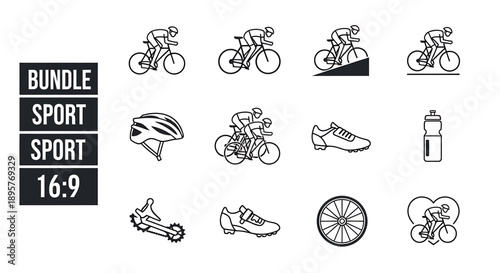 Cycling Sport Icon Set: Cyclists, Gear, and Bicycle Components