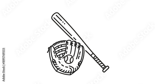 Baseball Bat and Mitt Icon Illustration: Sport Equipment Outline