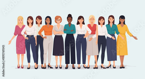 Diverse group of women standing together in a line, showcasing different cultures and styles in a modern illustration