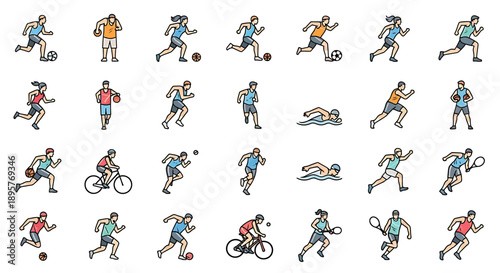 Diverse Sports Activities Icon Set: Running, Cycling, Swimming, Soccer, Tennis