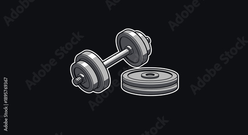 Dumbbell and weight plate, isolated on black background, fitness equipment