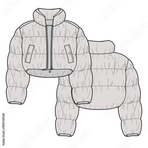 Female cropped puffer jacket vector mockup template technical flat design.