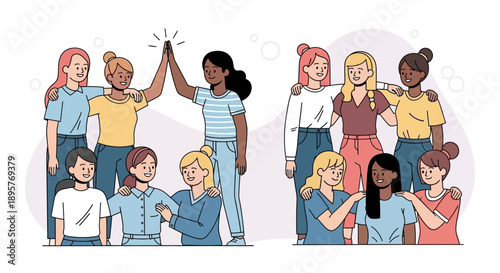 Diverse group of young adults celebrating together outdoors with high fives and smiles in a vibrant illustration