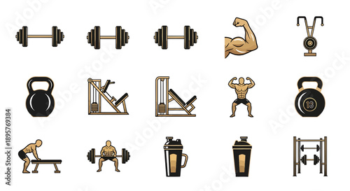 Fitness and Gym Icons: Dumbbells, Kettlebell, Machines, Shaker, Biceps