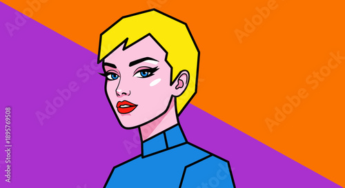 Portrait of a woman with short blonde hair in a blue top against a vibrant divided background from a front viewpoint