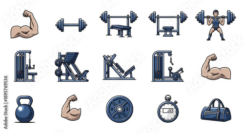 Pixel Art Fitness Icons: Gym Equipment, Weights, and Biceps