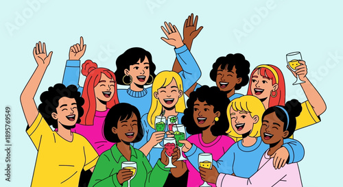 Diverse group of young adults celebrating with drinks and cheering together in a lively gathering