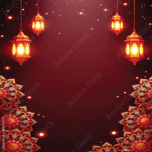 Merry red Christmas background featuring a decorated winter tree with gold stars, ornaments, and festive New Year holiday balls for a seasonal celebration card design