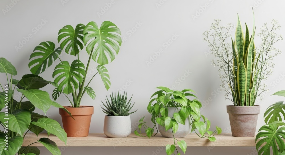 Obraz premium Diverse collection of popular houseplants including Monstera and Snake Plant on a wooden shelf against a plain white wall, showcasing variety and lush greenery.