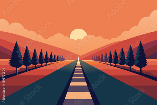 A peaceful mountain landscape with a winding road through forests at sunrise and sunset