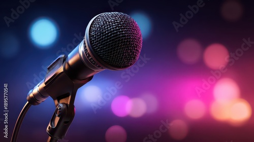 Studio Microphone on Stand with Blurred Bokeh Lights in Background on Stage with Blue and Pink Hues for Entertainment and Performance Concepts