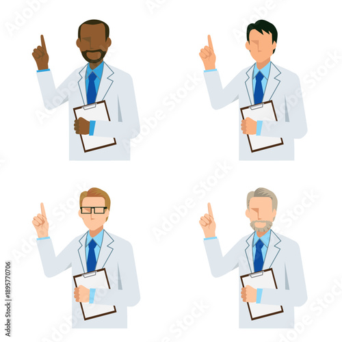 Set of flat illustrations of multinational male doctors giving advice by pointing