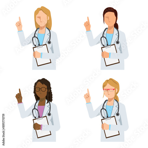 Set of flat illustrations of multinational female doctors giving advice by pointing