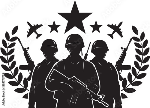 Black silhouette of three soldiers with guns and planes surrounded by laurel wreaths and stars military