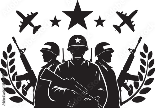 Black silhouette of three soldiers with rifles and planes military army guns
