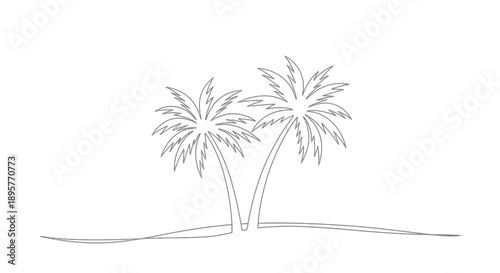 Minimalist black and white line art illustration of two palm trees on a sandy beach with gentle waves in the background