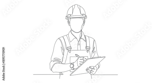 A minimalist line art drawing of a construction worker wearing a hard hat and overalls holding a clipboard and writing