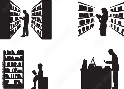 Library Scenes Icons: People Browsing Shelves and at Counter, Isolated on white background