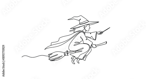 Whimsical hand drawn sketch of a young witch flying on a broomstick with a wand and a spell book