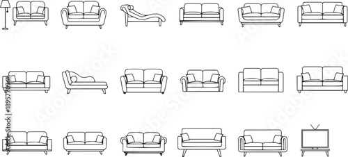 Line of various sofas and a television couch chair furniture line black and white
