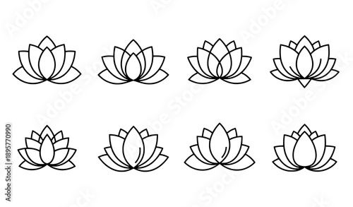 Geometric black lotus vector icons set for meditation, yoga, and wellness branding