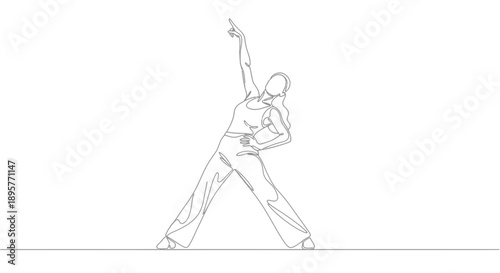 Energetic dancer striking a dynamic pose with one arm raised high and the other on hip in a minimalist line art style