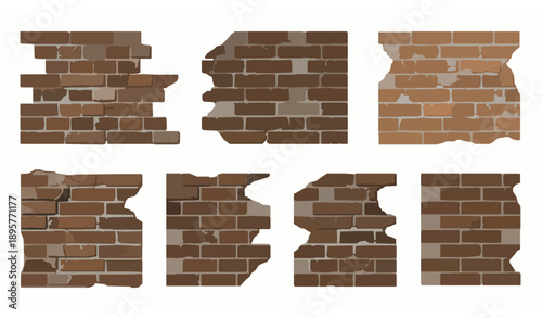 Hand-drawn brick wall vector textures set with outline doodle clipart symbols
