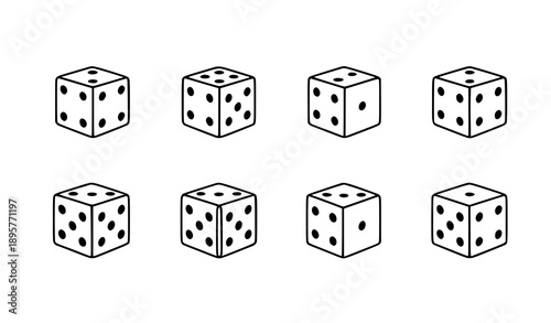 Minimal black dice vector icons showing sides one to six for gambling and gaming apps