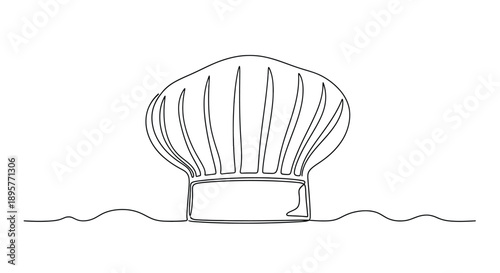 Hand drawn sketch of a classic tall chef hat or toque blanche with a simple wavy line representing the ground or water below