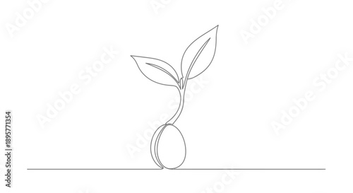 Minimalist continuous line drawing of a small seedling sprouting from a seed with two leaves on a white background representing growth and new beginnings