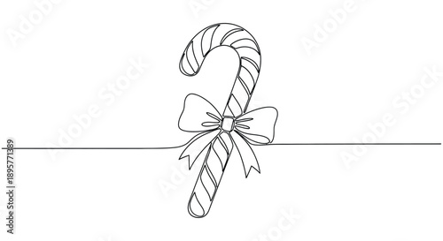 Elegant single line drawing of a festive candy cane with a decorative bow symbolizing christmas and holiday cheer