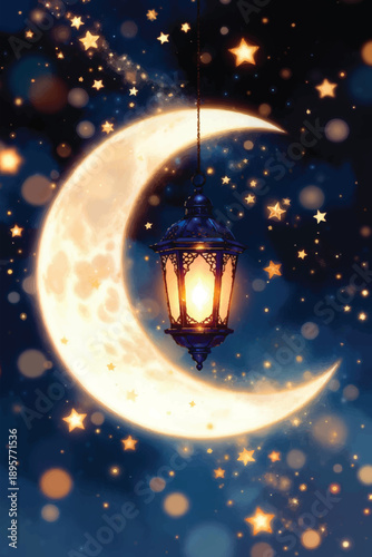 A bright vector illustration of a glowing lantern in the dark night sky with the moon and stars shining over a snowy winter world in the blue cosmos