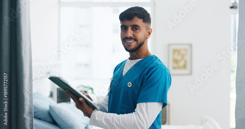 Photos Portrait, happy man and nurse with tablet in clinic for email, medical review and about us