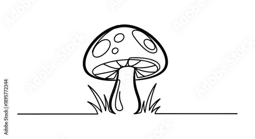 Whimsical hand drawn outline illustration of a single mushroom growing in grass with a simple line border