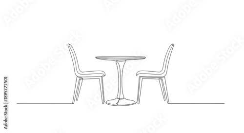 Minimalist single line drawing of a round table and two chairs creating a cozy seating area for conversation or dining