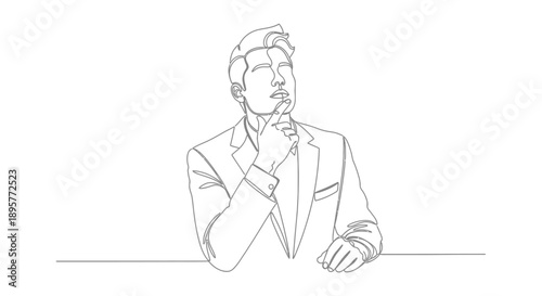Minimalist line drawing of a stylish man in a suit leaning forward with a thoughtful expression and a cigarette