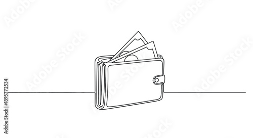Minimalist line art drawing of an open wallet filled with cash and coins on a white background