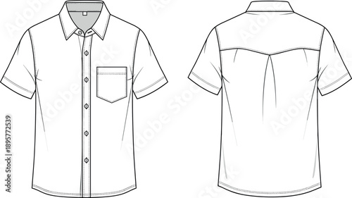 Men's Short Sleeve Button Down Shirt Technical Fashion Illustration Vector Flat Sketch Front and Back View