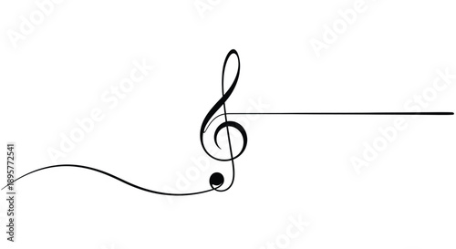 Elegant single line drawing of a treble clef and a musical note flowing into a curved abstract line on a white background