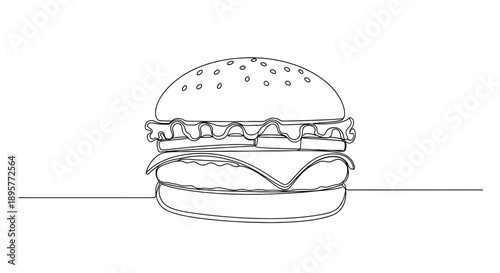 Minimalist continuous line drawing of a delicious cheeseburger with lettuce and tomato on a simple white background