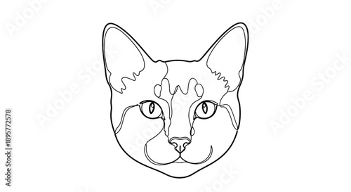 Minimalist black and white line art drawing of a domestic cat face with large ears and expressive eyes