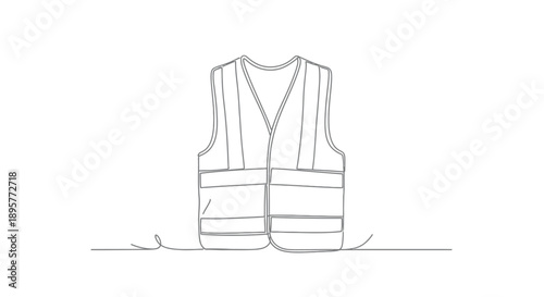 Minimalist line art drawing of a high visibility safety vest with reflective stripes and a pair of work boots on a white background