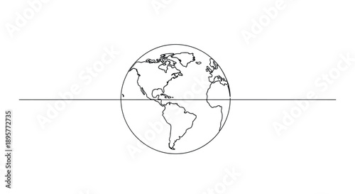 Stylized hand drawn sketch of planet earth with continents visible divided by a horizontal line representing the equator or a global divide