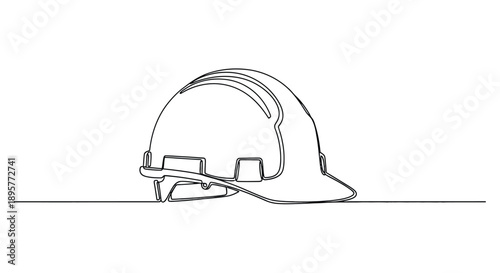 Minimalist single line drawing of a construction worker s hard hat on a white background representing safety and industry