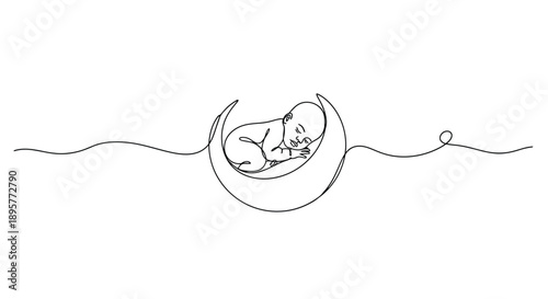 Minimalist continuous line drawing of a pregnant uterus with a developing fetus and umbilical cord symbolizing new life and creation