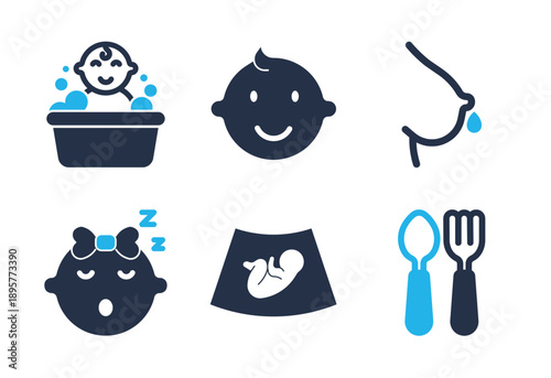 Baby Nutrition, Hygiene, and Activity icon set. Solid glyph series icons