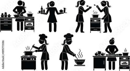 Cooking silhouette set featuring professional chefs and home cooks preparing food stirring pots and serving in a kitchen