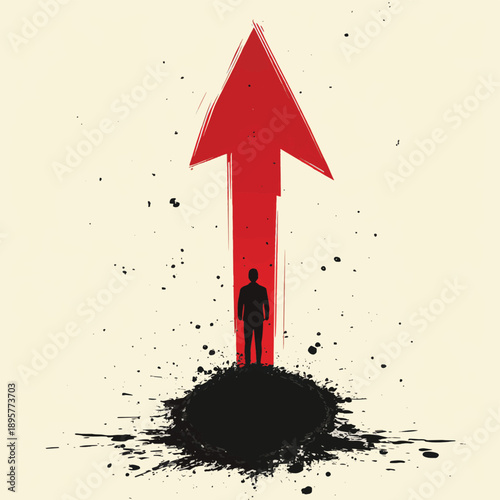 Figure stands next to a hole with a large red arrow pointing upward to signify growth or progress in a meaningful way , vector style simple color