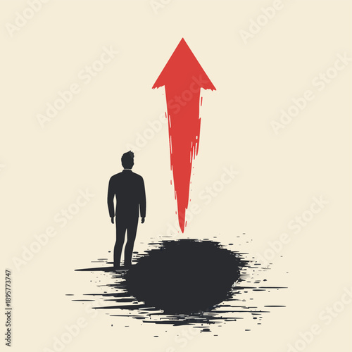 Figure stands next to a hole with a large red arrow pointing upward to signify growth or progress in a meaningful way , vector style simple color