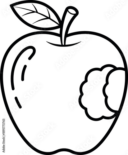 Minimalist black line art icon of a bitten apple fruit for healthy snack and organic food